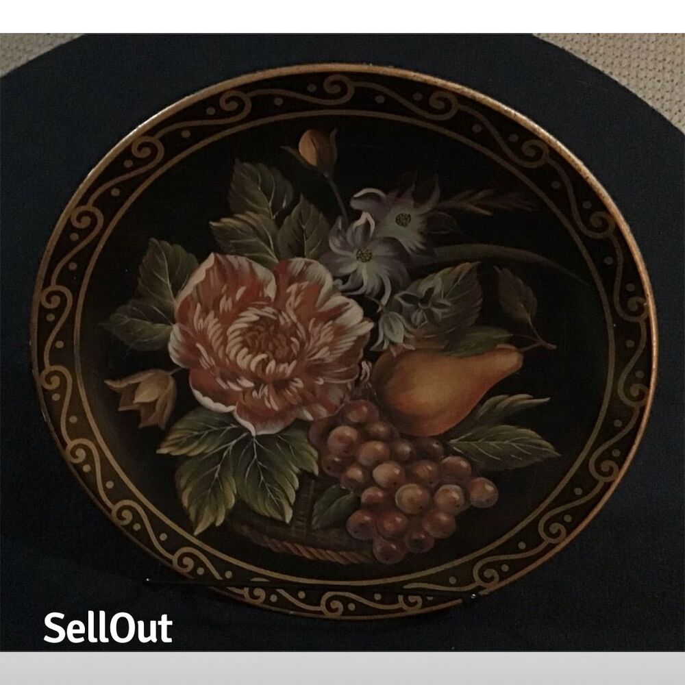 Raymond Waites Black Round Decorative Plate Fruit Floral Design 10"